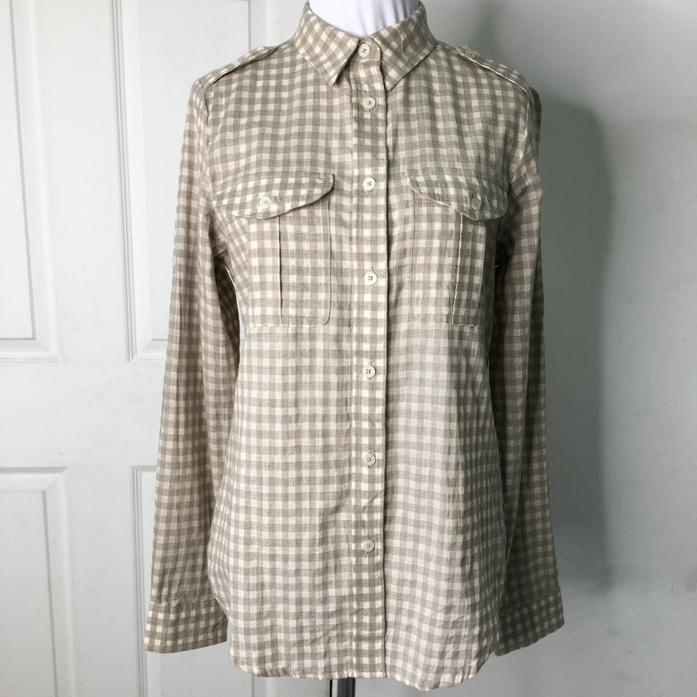 CC Filson Womens Tan Cream Cotton Blend Checkered Button Down Shirt Size Small